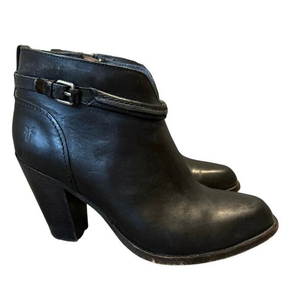 Frye Jenny Leather Ankle Boots Booties Black Stacked Heels Zip Buckle 7.5 B - Picture 3 of 9